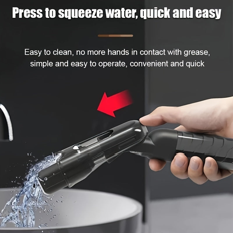 Demonstration of mini spray mop self-squeeze function to remove water without touching dirt