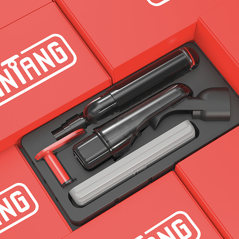 Unboxing set of mini spray mop with handle, water bottle, sponge pad, and accessories in red packaging
