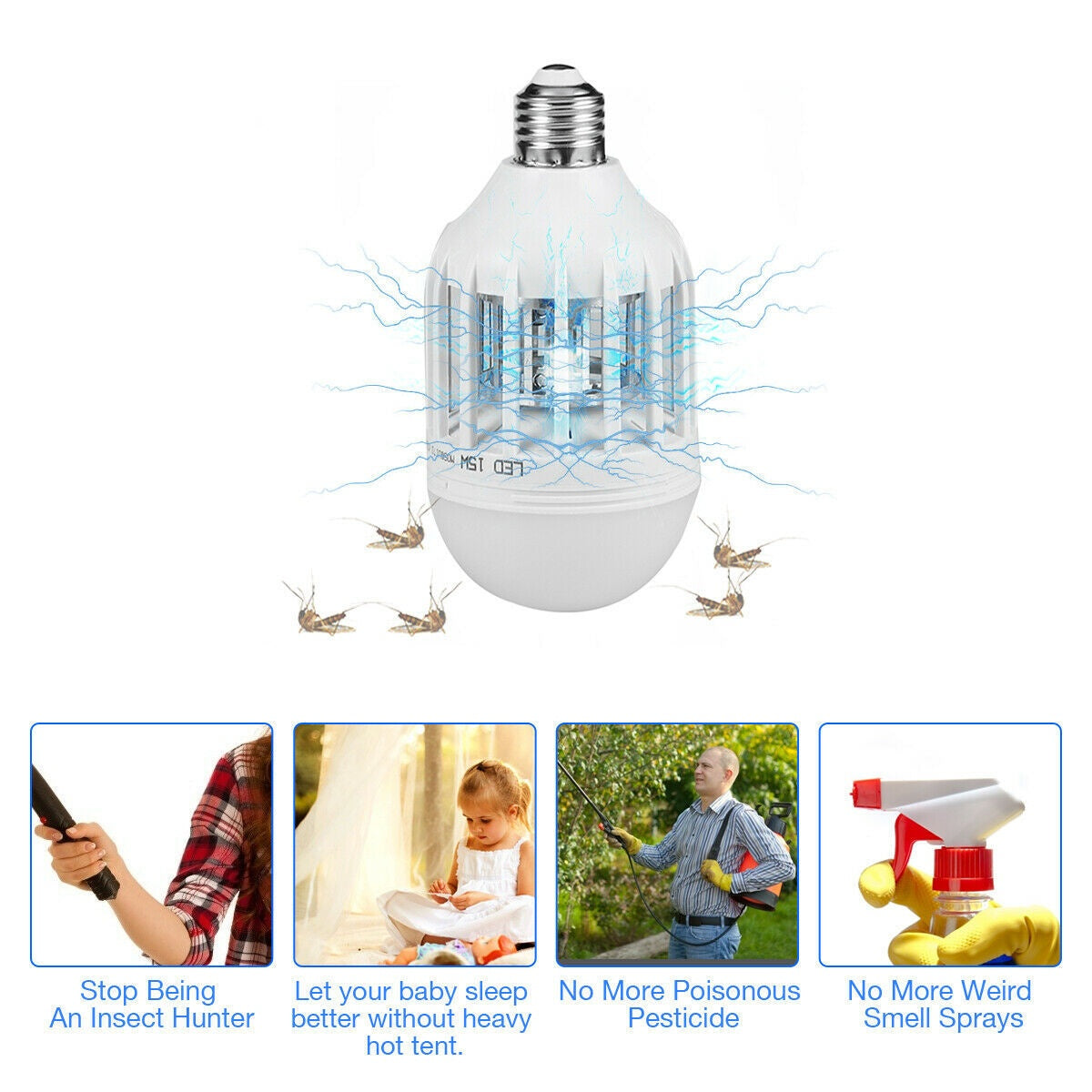 Mosquito Killer LED bulb with highlighted benefits and images of pesticide-free, odor-free and baby-safe alternatives