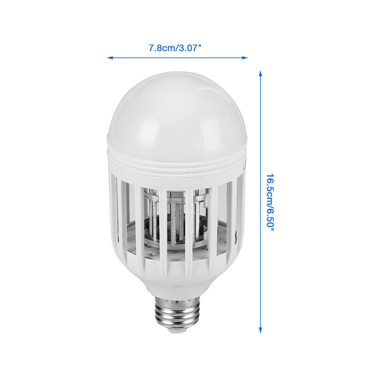 Mosquito Killer LED bulb with labeled dimensions showing height and diameter in cm and inches