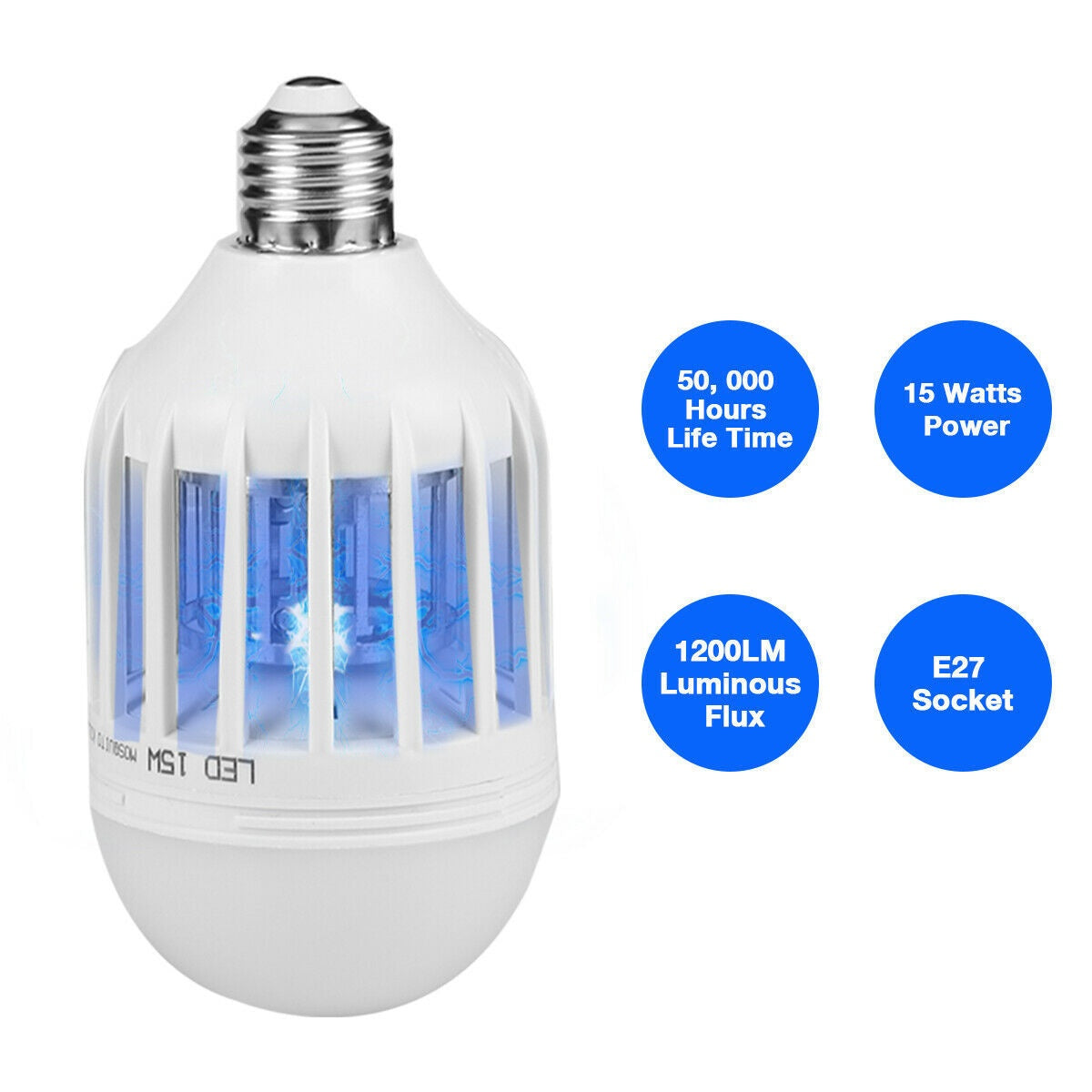 Mosquito Killer LED bulb with highlighted specifications including power, socket type, brightness, and lifespan