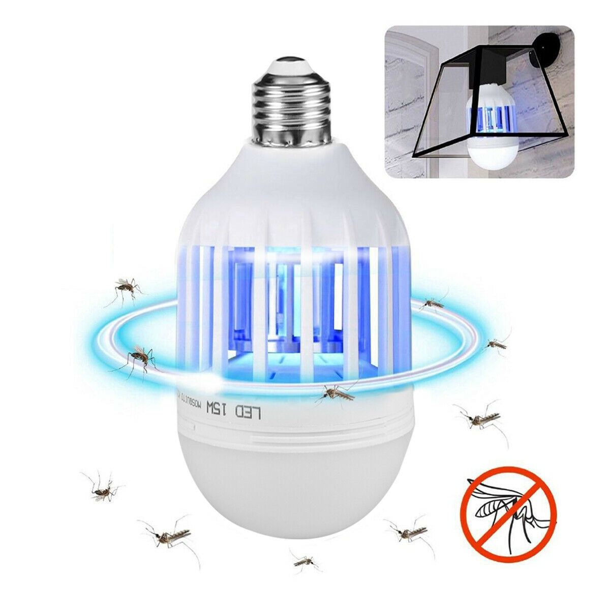 Mosquito Killer LED bulb with UV light attracting insects and mosquito icon