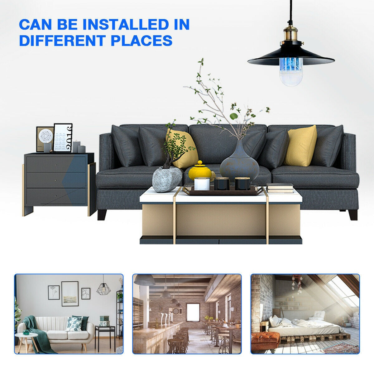 Mosquito Killer LED bulb shown in various home and commercial locations with installation flexibility message