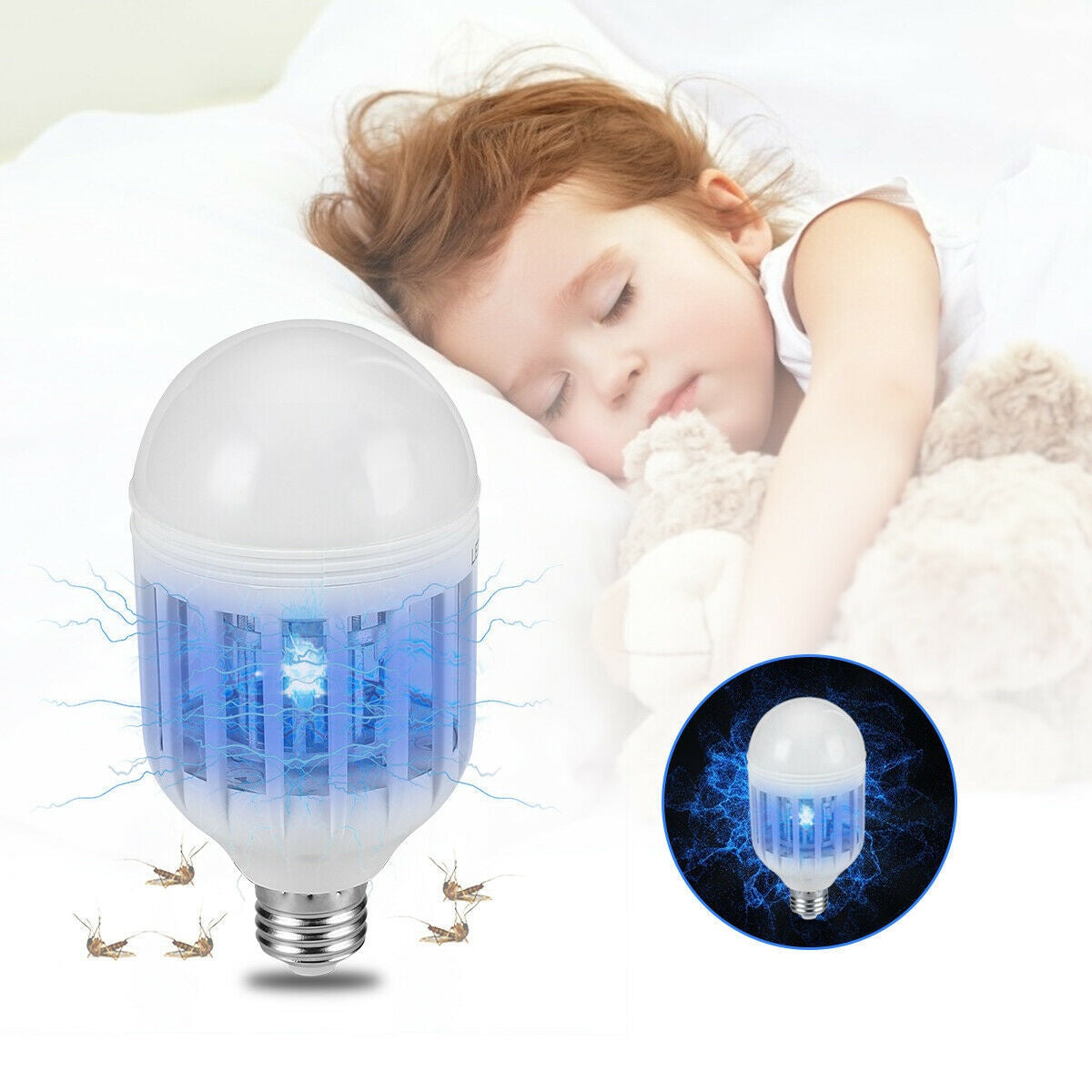 Mosquito Killer LED bulb operating safely near sleeping child with UV light effect