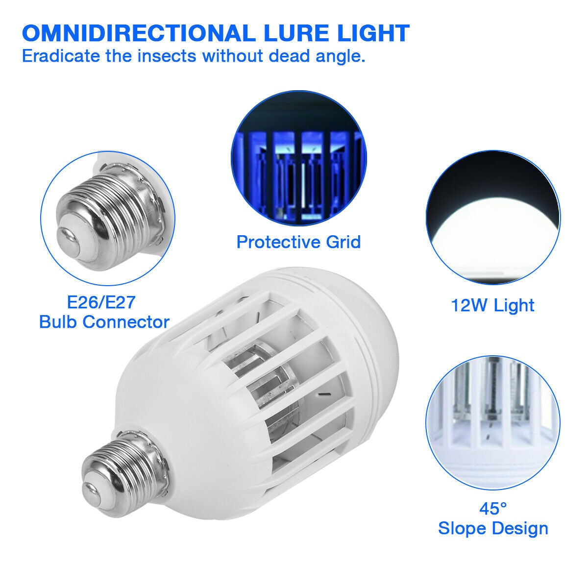 Mosquito Killer LED bulb with labeled technical features including connector type, light power, and protective design