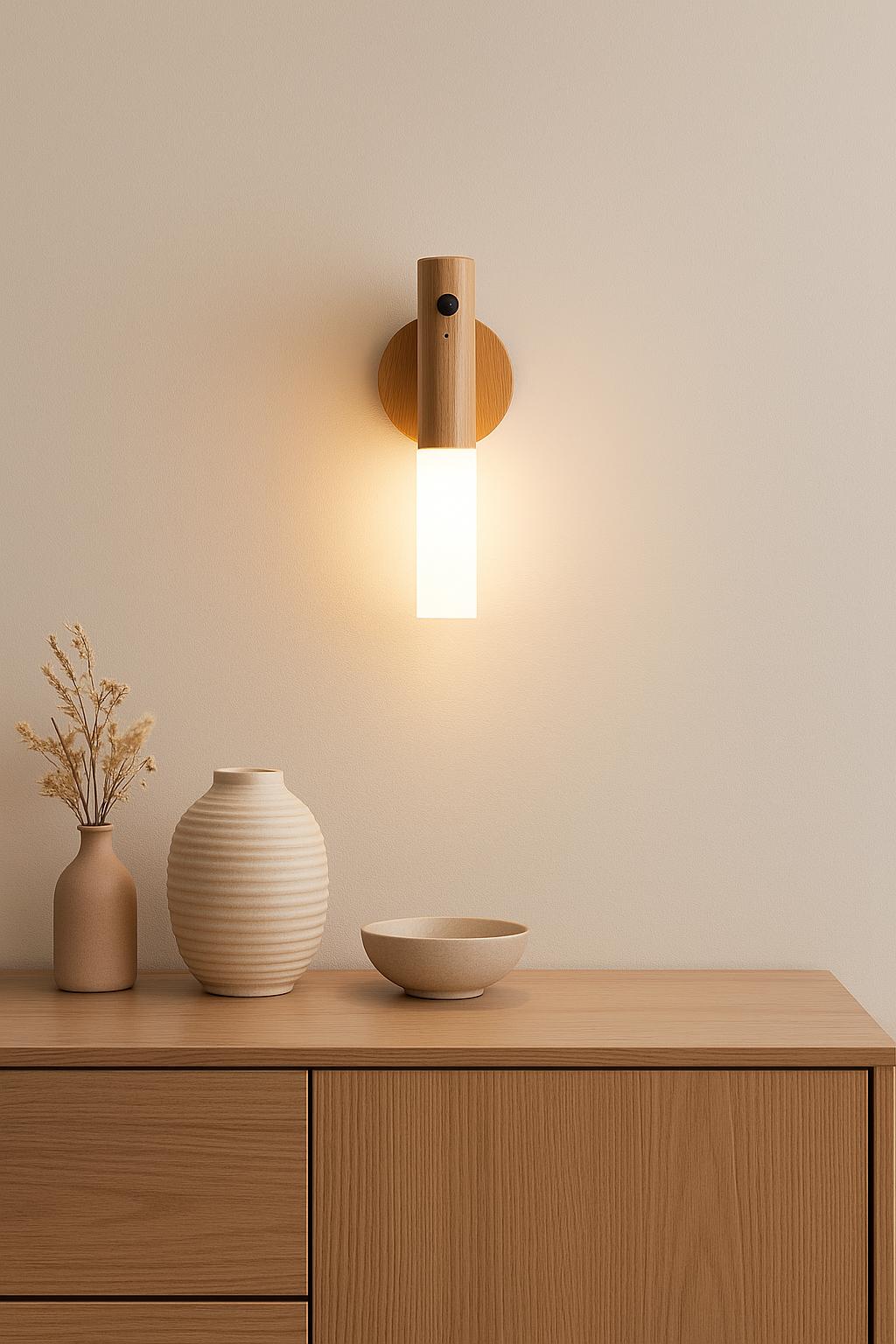 Wall-mounted Motion Sensor LED Night Light glowing above a wooden cabinet with minimalist ceramic decor and dried flowers