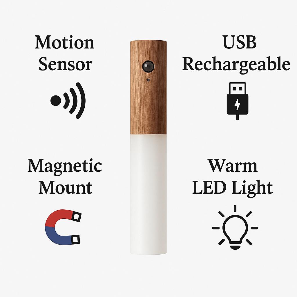 Motion Sensor LED Night Light with wooden design, highlighting features: Motion Sensor, USB Rechargeable, Magnetic Mount, and Warm LED Light
