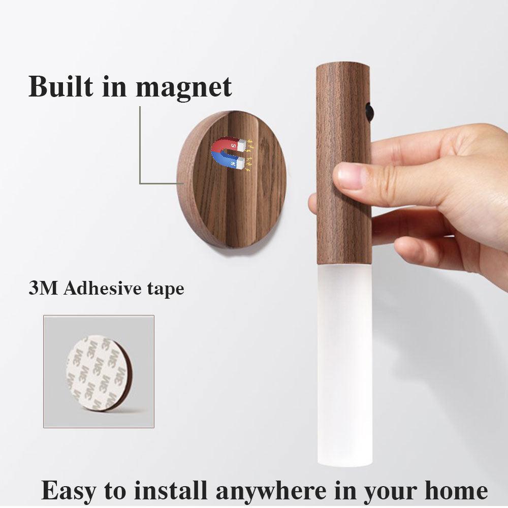 Motion Sensor LED Night Light showing built-in magnet, 3M adhesive tape, and easy installation design