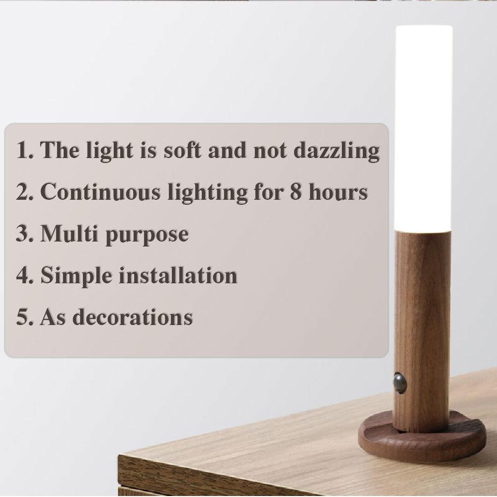 Motion Sensor LED Night Light standing on a table, featuring soft light and multipurpose benefits