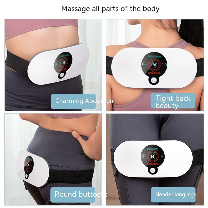 Heating massager applied to abdomen, back, buttocks, and legs with captions: "Charming Abdomen", "Tight back beauty", "Round buttocks", "slender long legs"