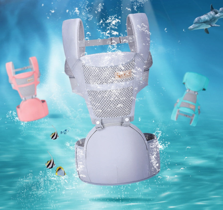 Three-color baby carriers with waist stools floating in water-themed background – grey, pink, and blue variants