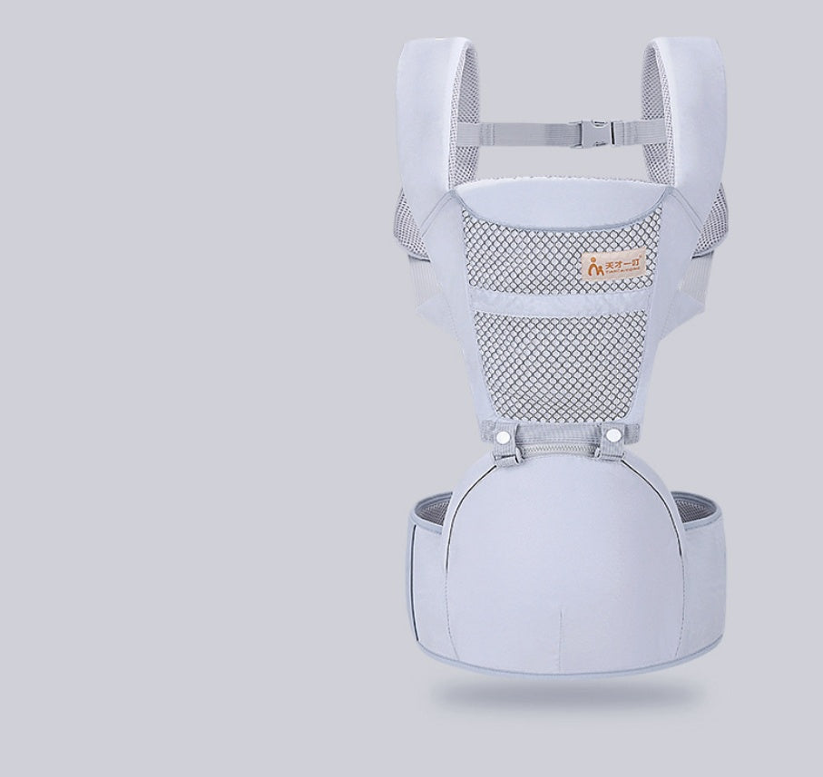 Front view of multifunctional baby carrier with waist stool in galaxy grey color
