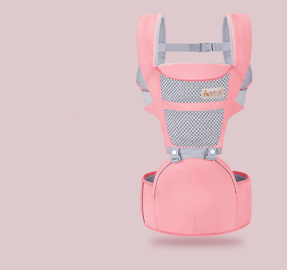 Front view of multifunctional baby carrier with waist stool in soft pink color