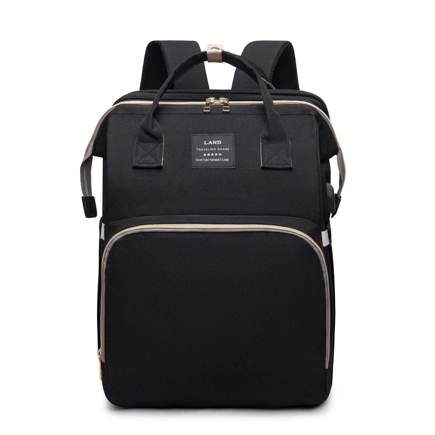 Black mummy baby backpack with front zip pocket and top handles