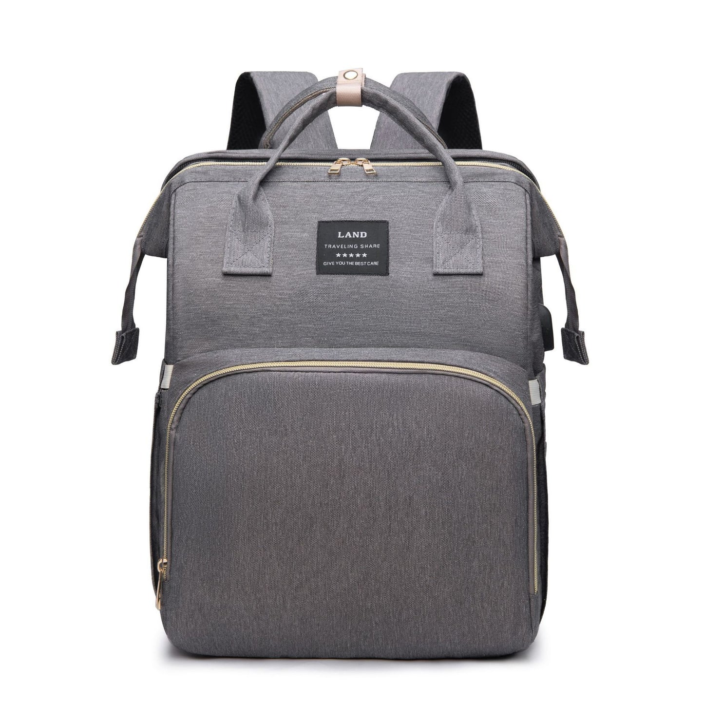 Gray Mummy Baby Crib Backpack with insulated front pocket and ergonomic straps