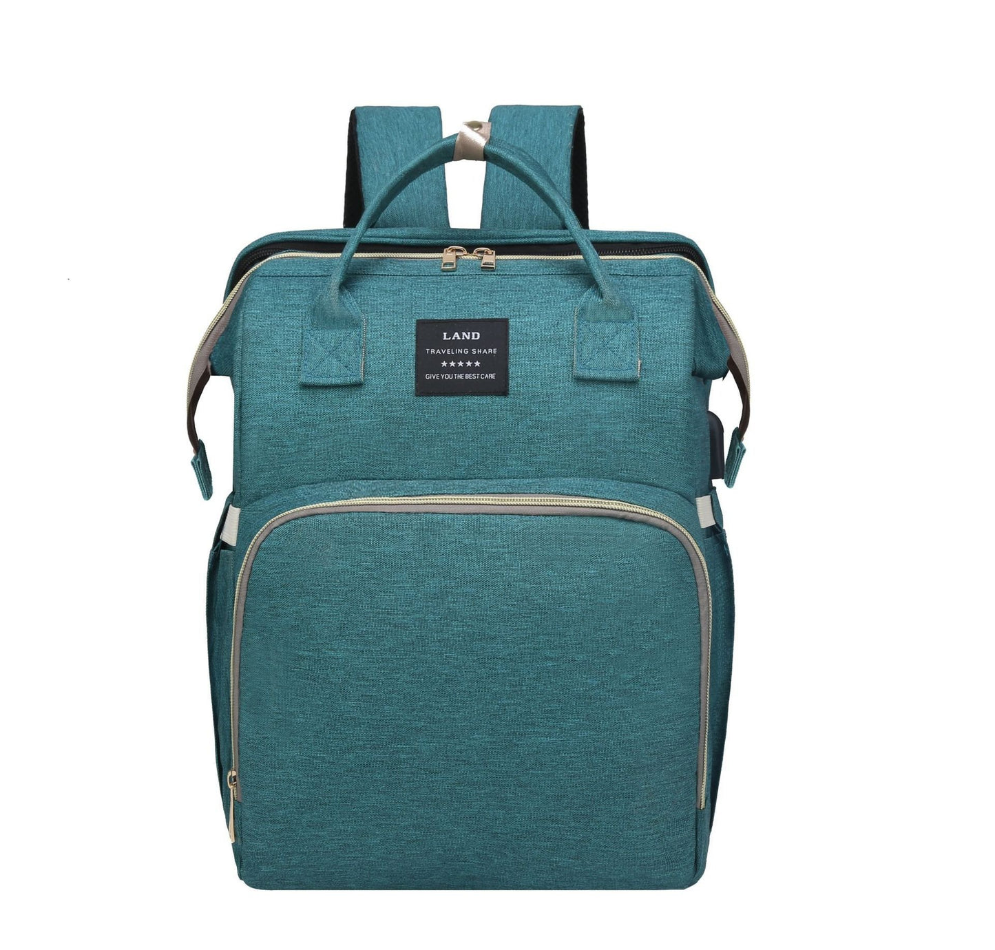 Teal green mummy baby backpack with large front pocket and top handle