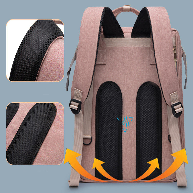 Back view of mummy baby backpack showing padded straps and breathable support