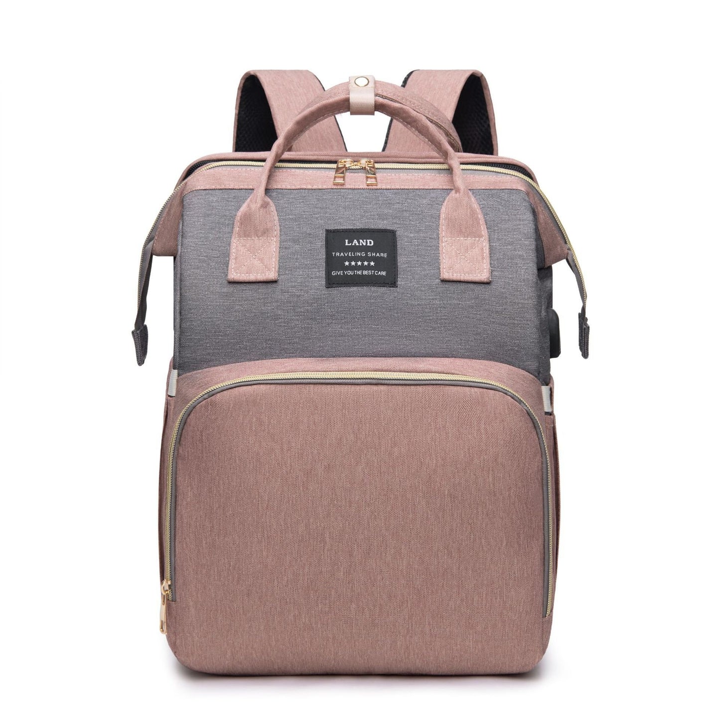 Mummy baby crib backpack in pink and gray color with spacious front pocket and dual handles