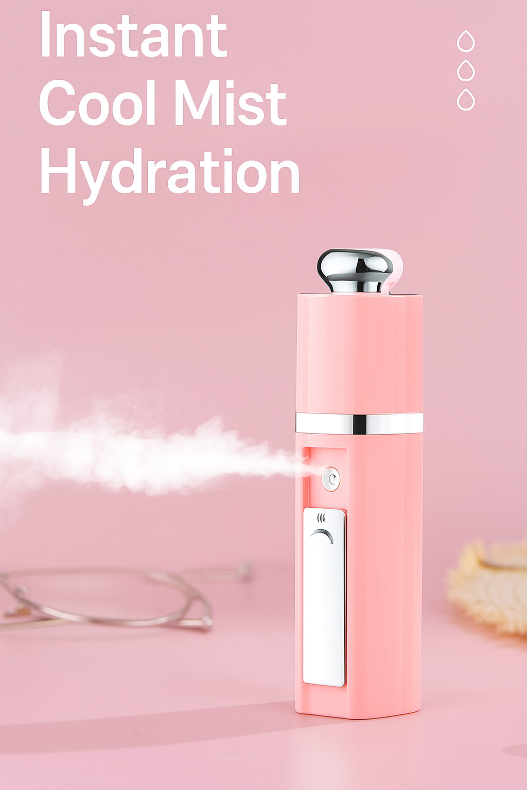 Close-up of a pink nano mist sprayer with text 'Instant Cool Mist Hydration' on a soft pink background