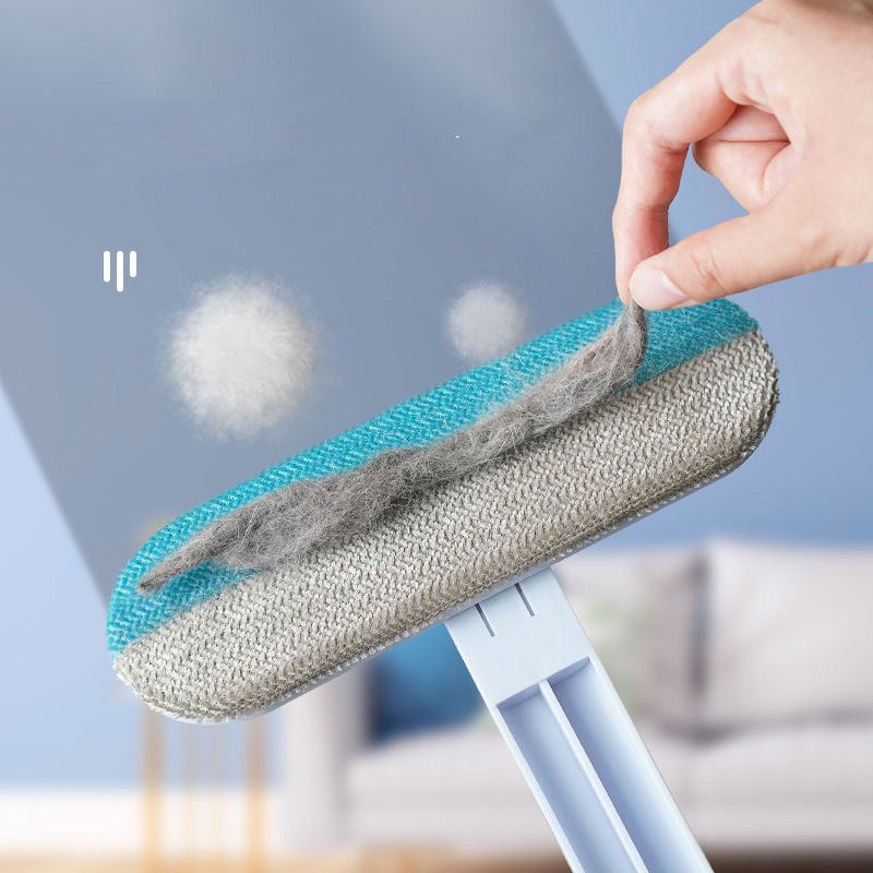 Close-up of pet hair collected on dual-texture cleaning brush surface