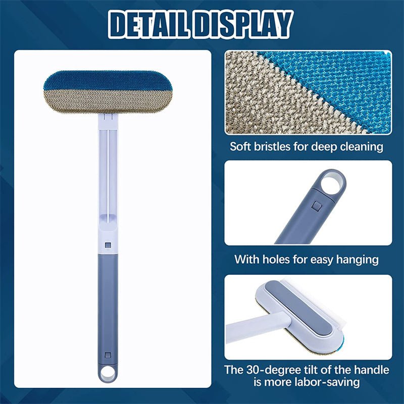 Details of pet hair removal brush showing soft bristles, handle tilt, and hanging hole