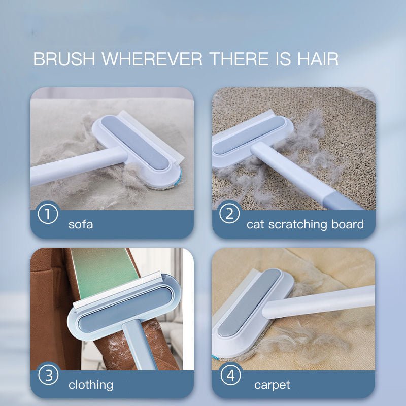 Pet hair removal brush used on sofa, cat board, clothes, and carpet