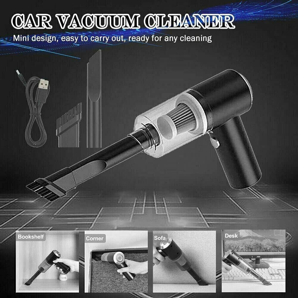 Car vacuum cleaner with attachments and USB cable on a dark background
