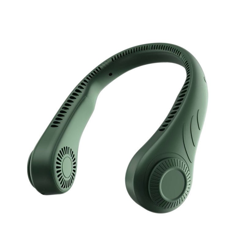 Portable bladeless neck fan in army green color, designed for hands-free personal cooling.