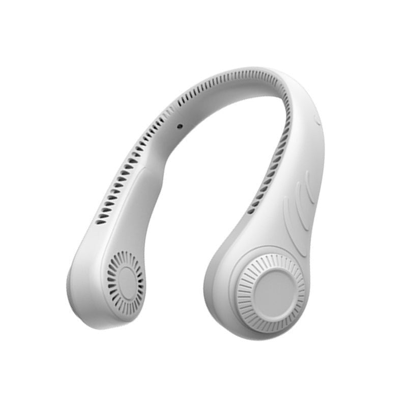 White portable bladeless neck fan with adjustable vents and ergonomic design