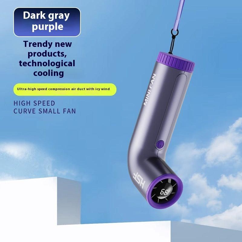 Dark grey-purple turbo handheld mini fan with digital display, compact cooling design and lanyard