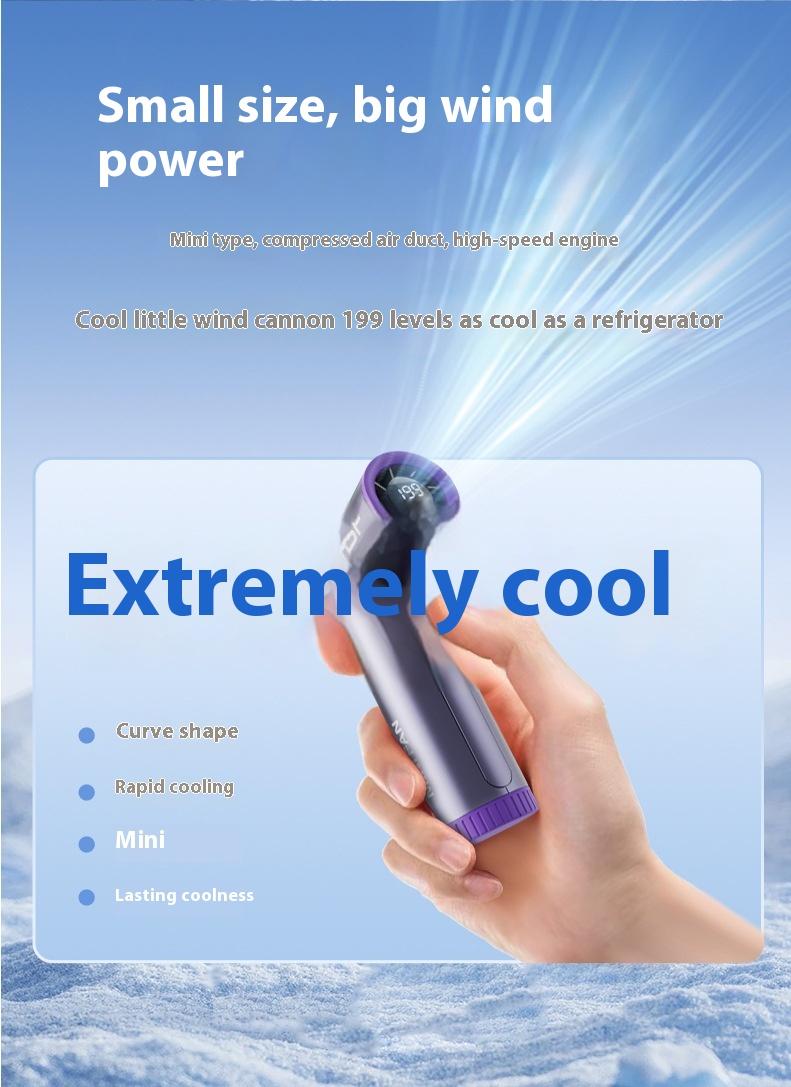 Portable handheld mini turbo fan infographic highlighting curve shape, rapid cooling, 199 levels, and lasting coolness