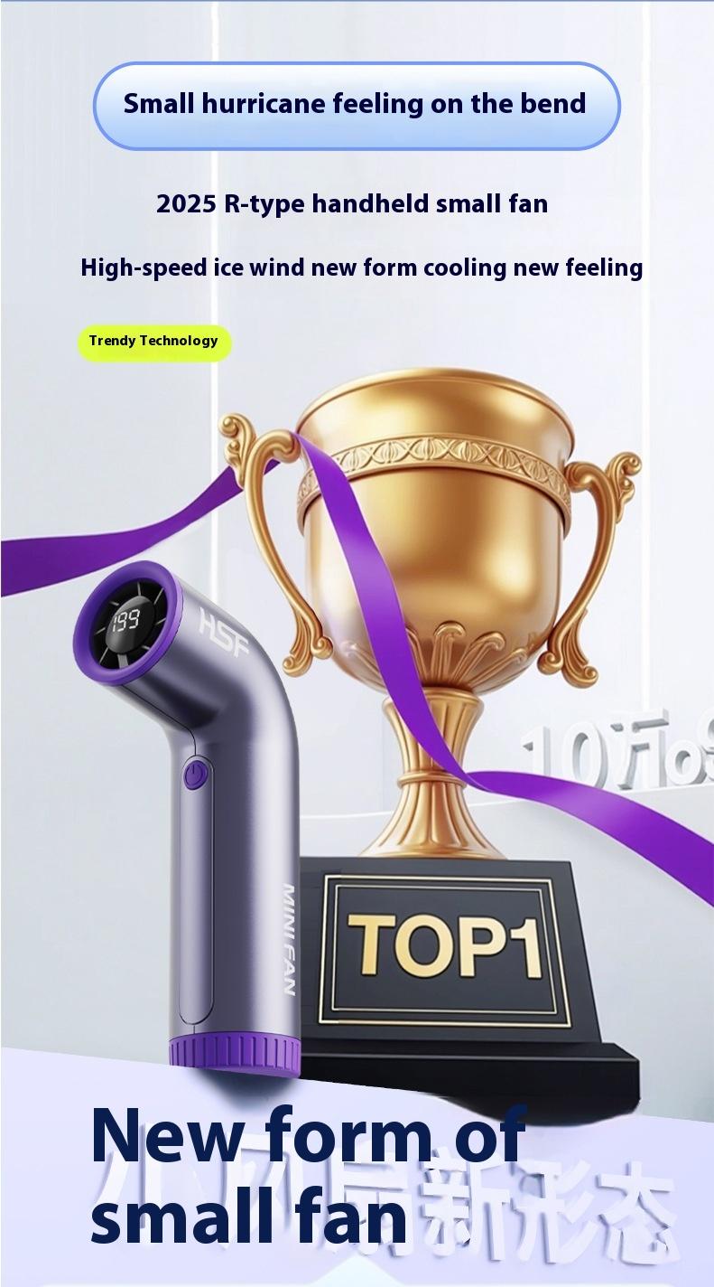 Portable turbo handheld fan infographic highlighting R-type curved design, small hurricane cooling effect, and modern technology