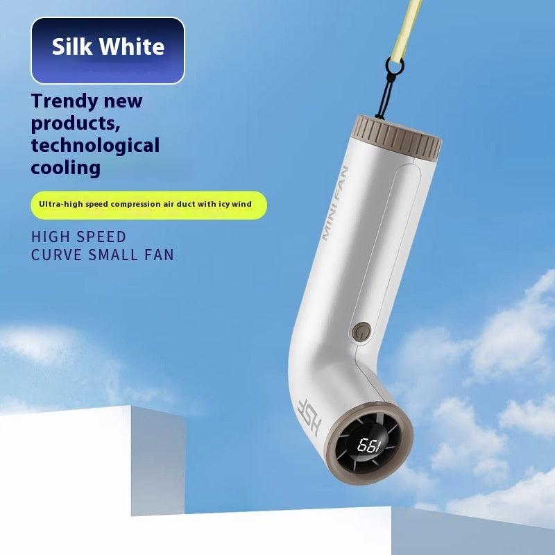Ivory white turbo handheld mini fan with digital display, lightweight cooling design and lanyard