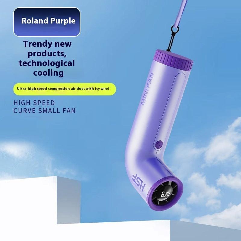 Royal purple turbo handheld fan with digital display and lanyard, compact cooling design