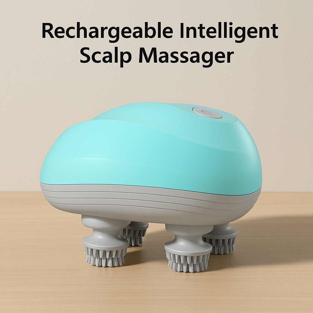 Blue rechargeable intelligent scalp massager displayed on a light wooden surface with a neutral wall background, showing ergonomic design and rotating brush heads