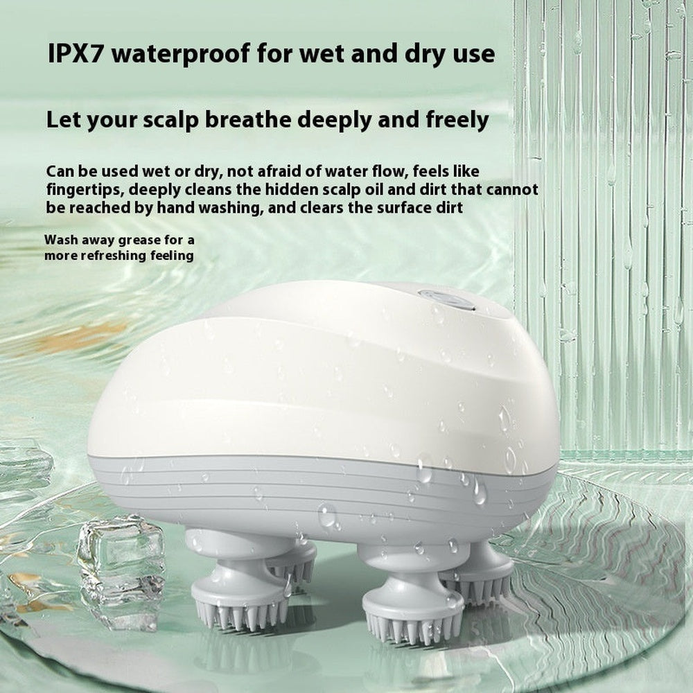 Scalp massager showing IPX7 waterproof rating for wet and dry use with product description text overlay