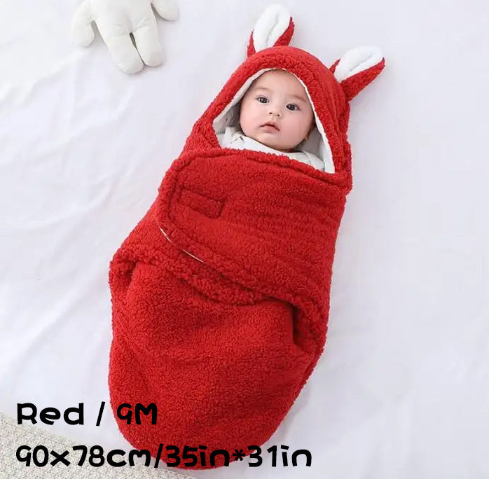 Red fluffy baby swaddle sleeping bag with bunny ears, size 9M (90×78cm / 35in×31in)