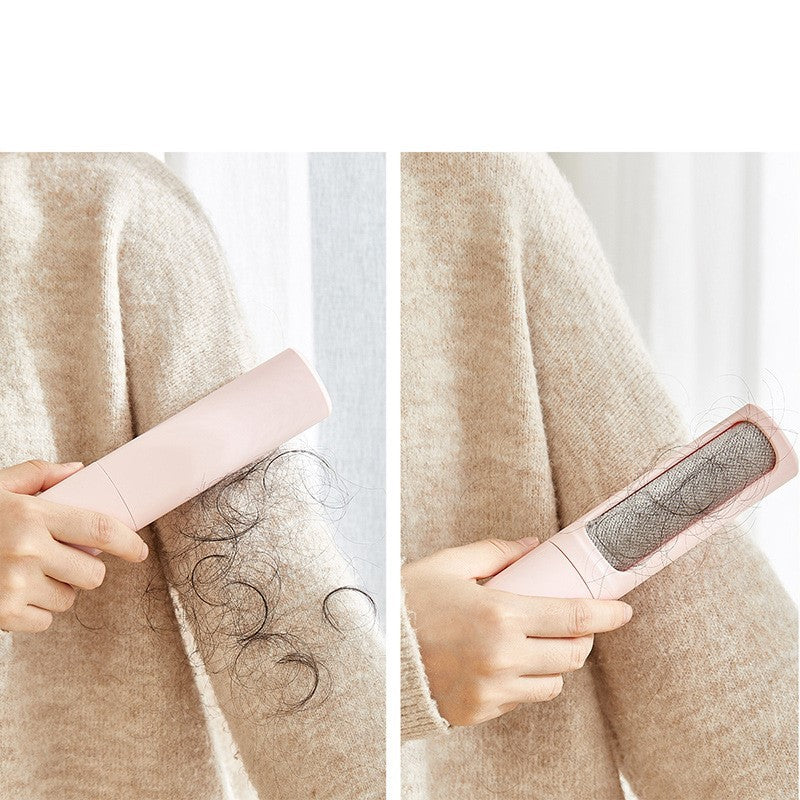 Reusable pet hair remover brush removing fur from a beige sweater