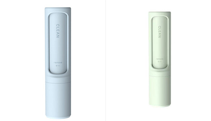 Reusable pet hair remover brush shown in white and green color variants