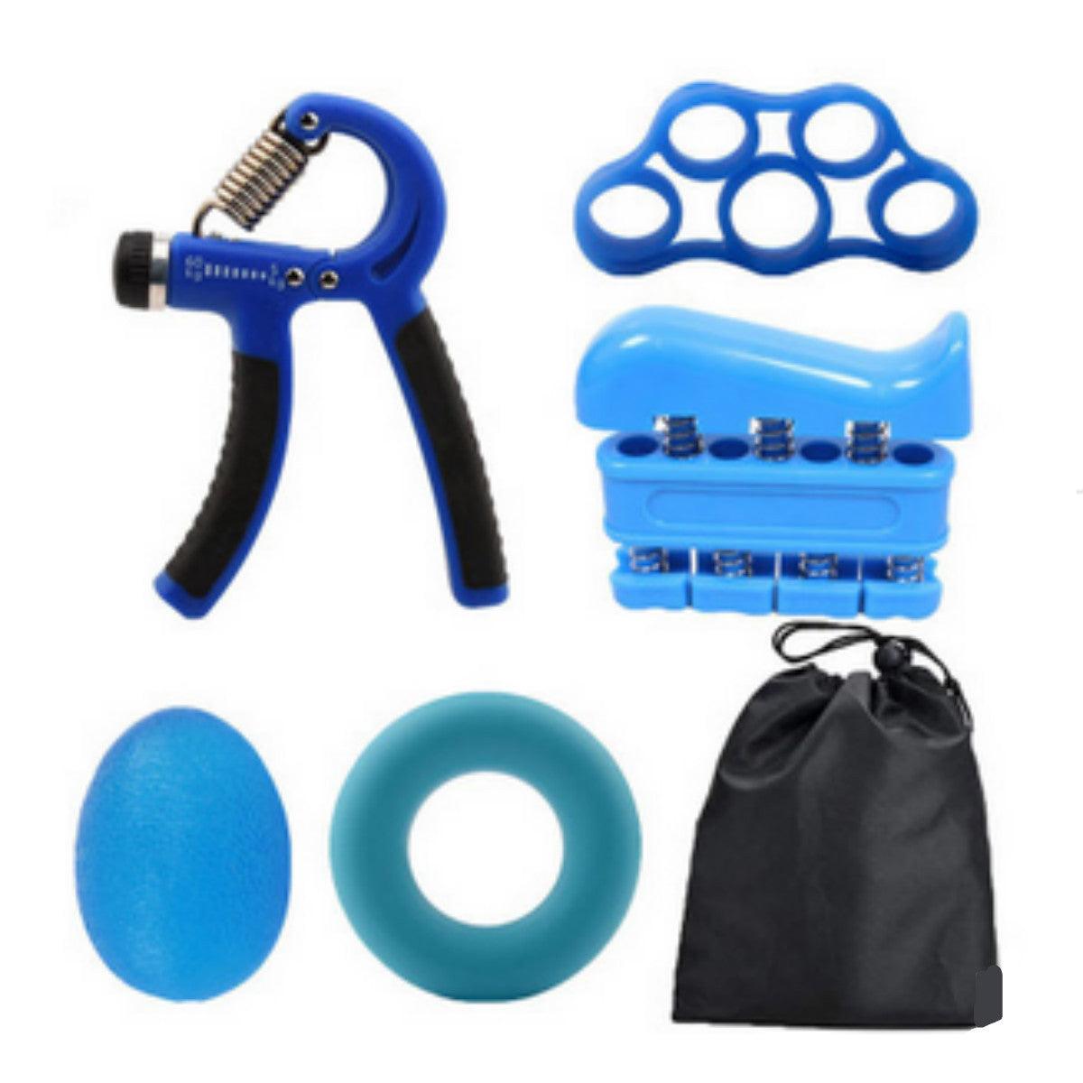 Blue version of the Silicone Grip Ring & Ball Set with hand gripper, resistance ring, stress ball, finger exerciser, grip strengthener, and black carry pouch.