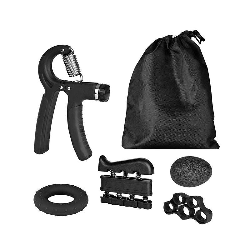 Silicone Grip Ring & Ball Set showing all components including adjustable hand gripper, resistance ring, finger exerciser, stress ball, grip strengthener, and carry pouch.