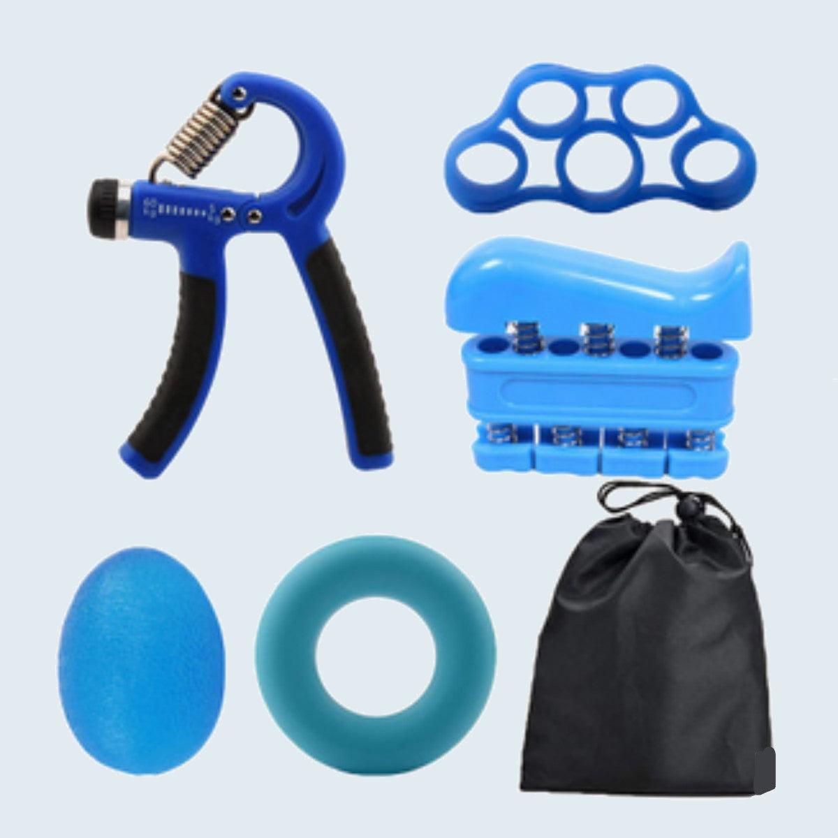 Complete blue Silicone Grip Ring & Ball Set with hand grippers, finger exerciser, resistance ring, stress ball, and storage bag on soft blue-grey background.