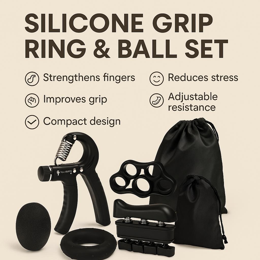 Infographic showing the black Silicone Grip Ring & Ball Set with labeled benefits including strength improvement, stress relief, and adjustable resistance, on a beige background.