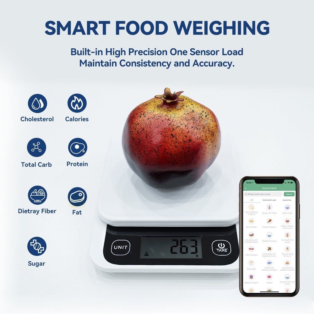 Smart food scale with fruit on display, smartphone app interface, and nutrition icons including calories, fat, and protein.