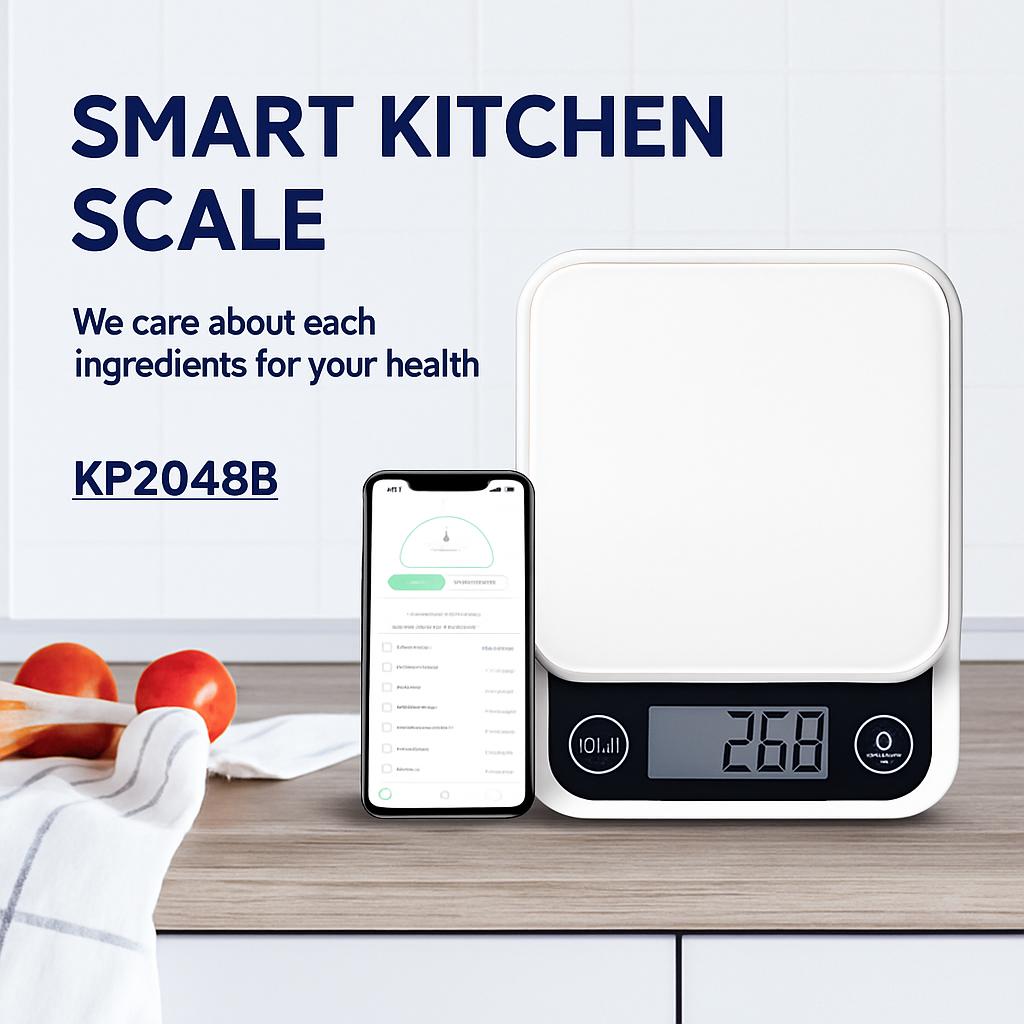 Smart kitchen scale with mobile app integration and digital display, model KP2048B