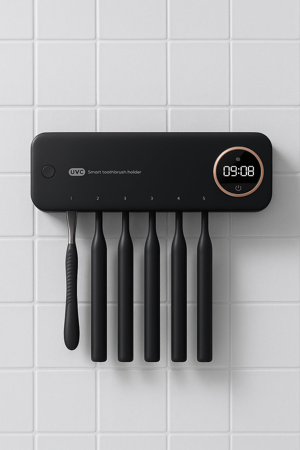 Wall-mounted black smart toothbrush holder with UV sterilizer and digital display, placed on a clean white tiled bathroom wall.