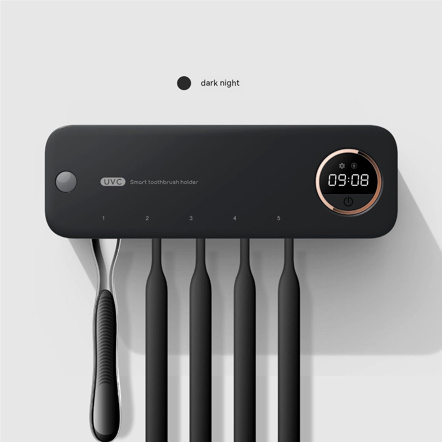 Wall-mounted black smart toothbrush holder labeled "dark night", with UV sterilizer, display, and five toothbrushes.