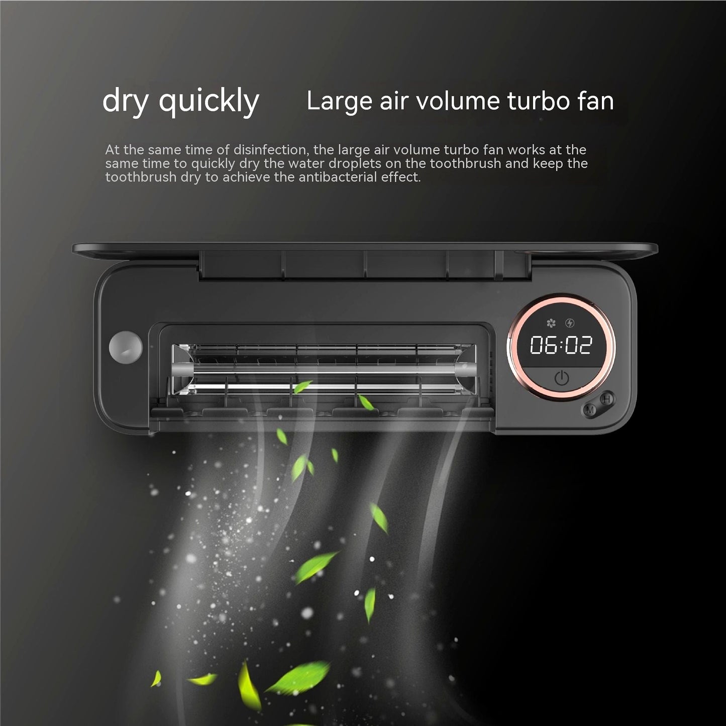 Smart toothbrush holder with UV sterilizer and large air volume turbo fan, showing drying feature with airflow effect.