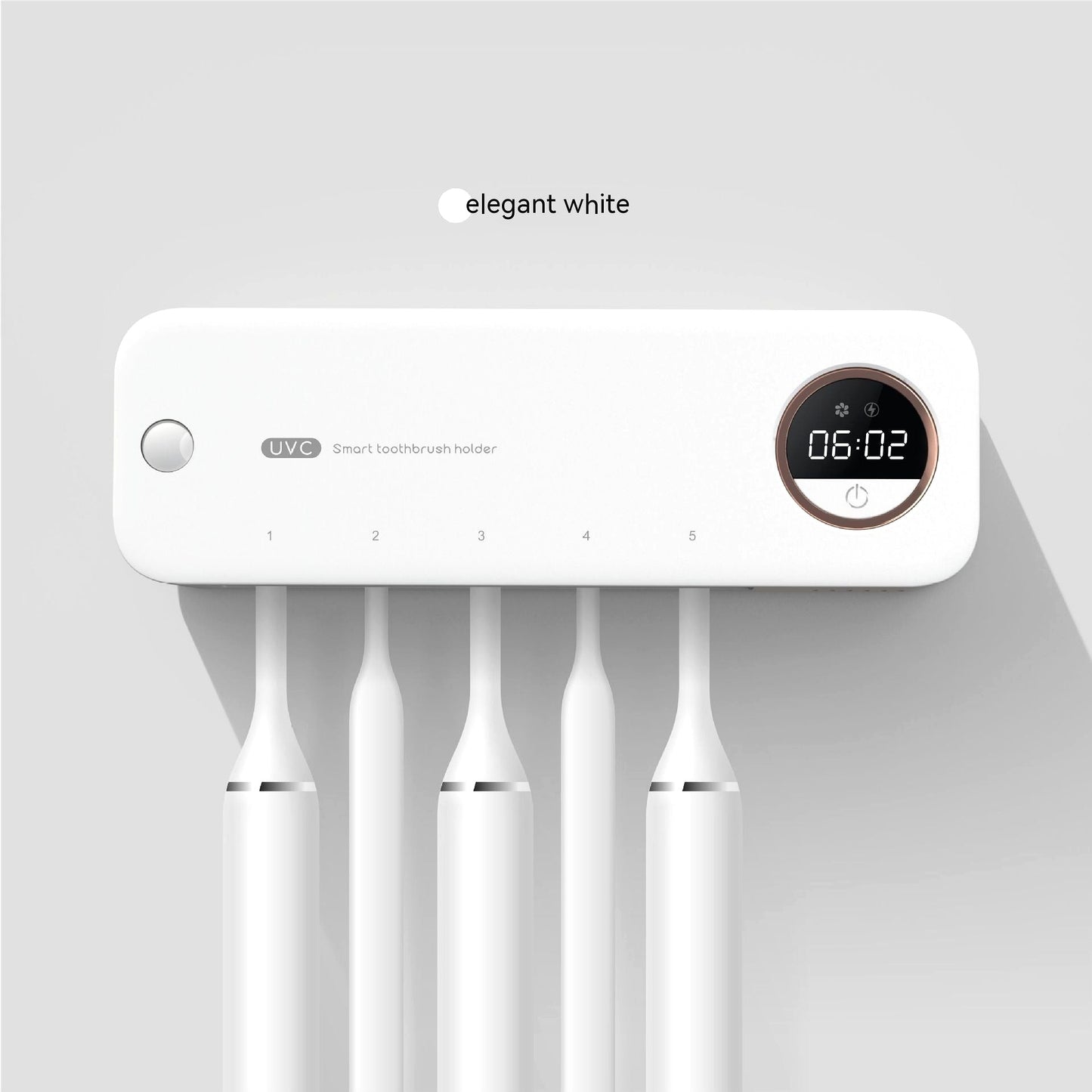 Wall-mounted white smart toothbrush holder with UV sterilizer and digital display, holding five white toothbrushes.