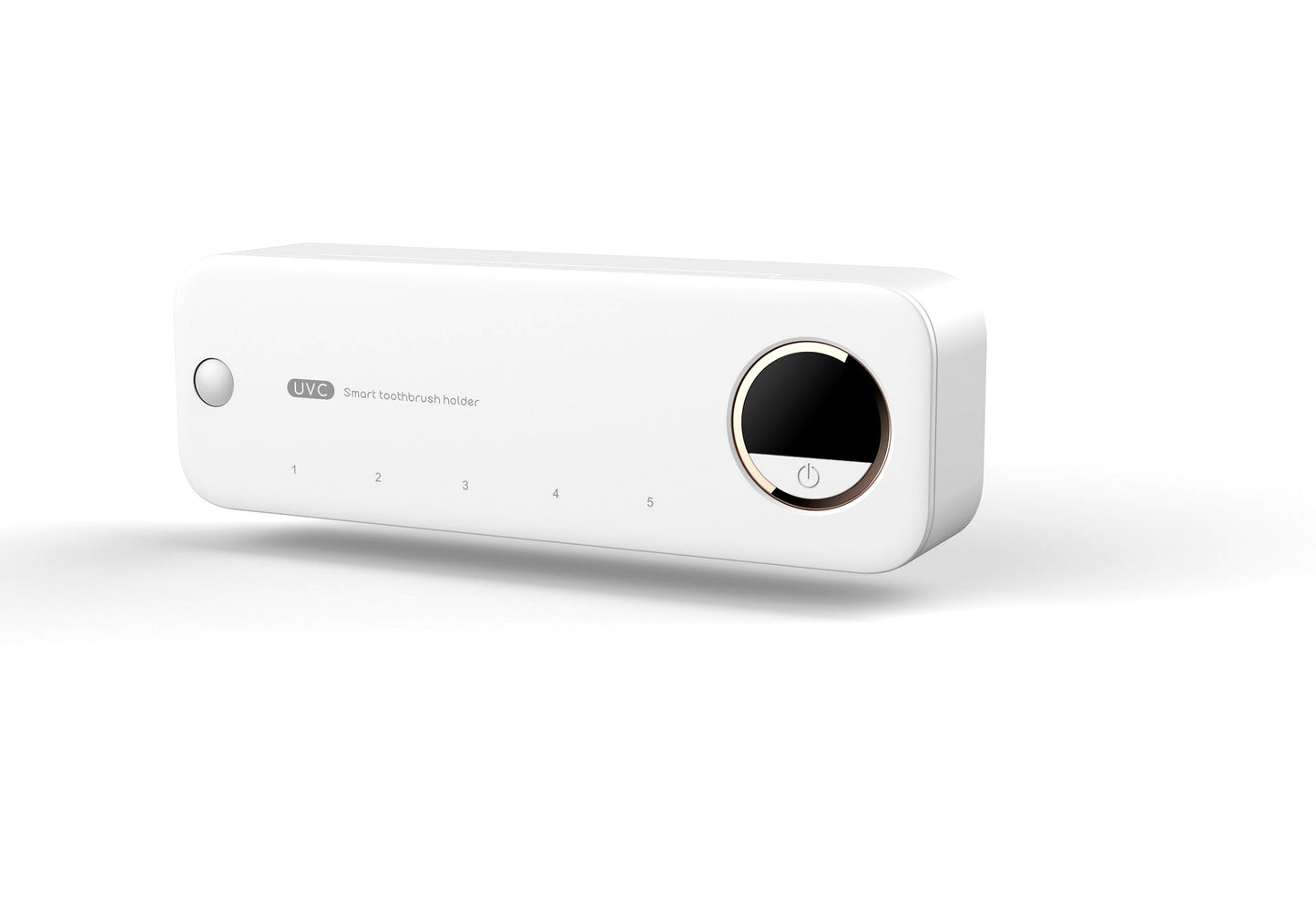 White wall-mounted smart toothbrush holder with UV sterilizer and circular display.